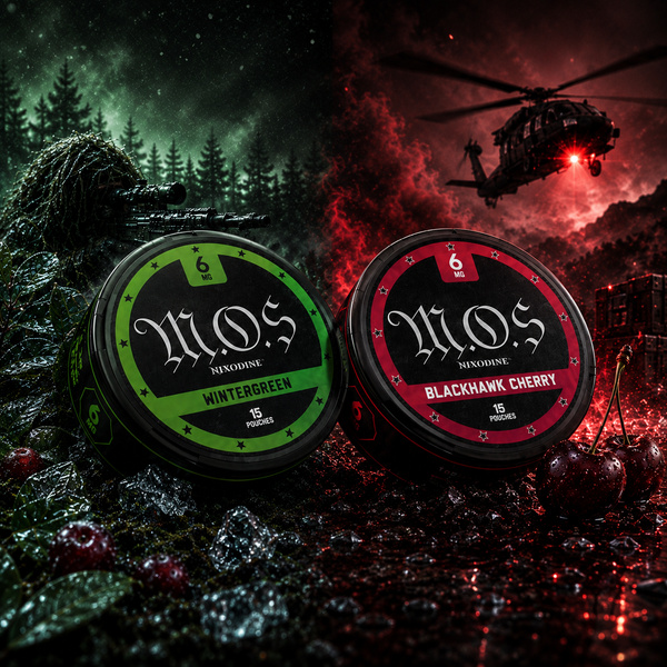 M.O.S. Nixodine 2-Pack Flavor Sampler — BlackHawk Cherry and Wintergreen pouches, 6mg Nixodine, zero nicotine, zero tobacco
