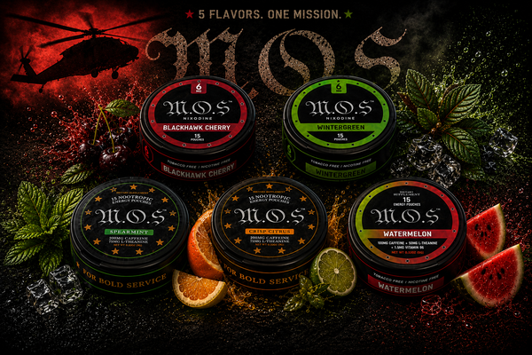 M.O.S. Clean Fuel Loadout — all 5 pouch flavors: BlackHawk Cherry, Wintergreen, Spearmint, Crisp Citrus, and Watermelon displayed with a military helicopter silhouette
